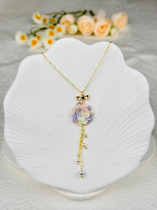 Handmade Pastel Camellia Crochet Necklace – Soft & Elegant