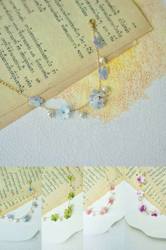 Handmade Pastel Blue & Lavender Floral Crochet Bracelet – Delicate & Elegant